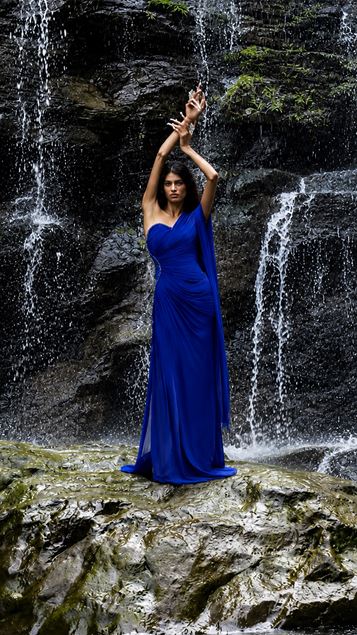 Navy Blue One Sleeve Evening Dress with Waist Detail